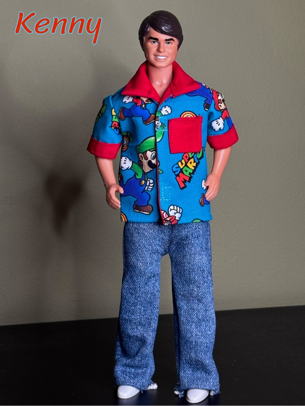 Super Mario themed doll shirt lined in red with red accents - OOAK